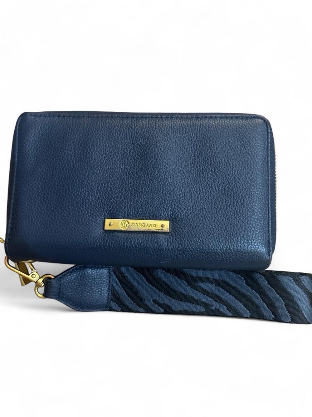 Joy Mangano Navy Pebbled Leather Zip Wallet with Patterned Strap